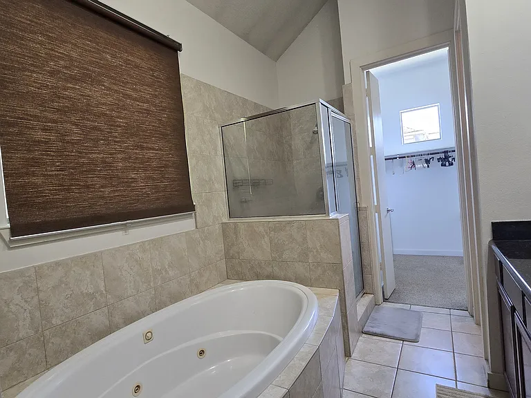 Master bedroom with double sink vanity and a jacuzzi.
