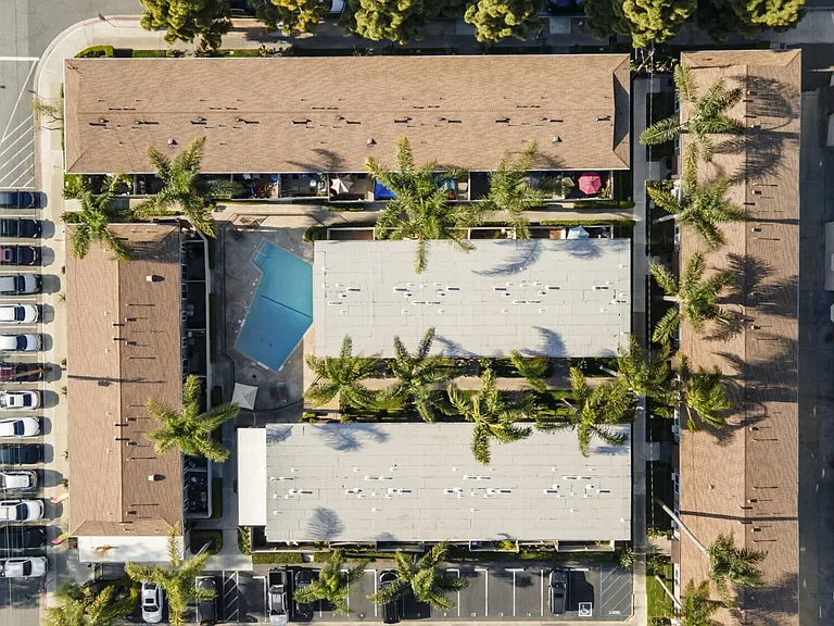 Aerial view of Olive Tree Townhomes in Costa Mesa, CA