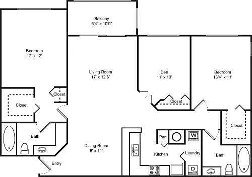 Floor plan 2 Bedroom 2 Bathroom + Den