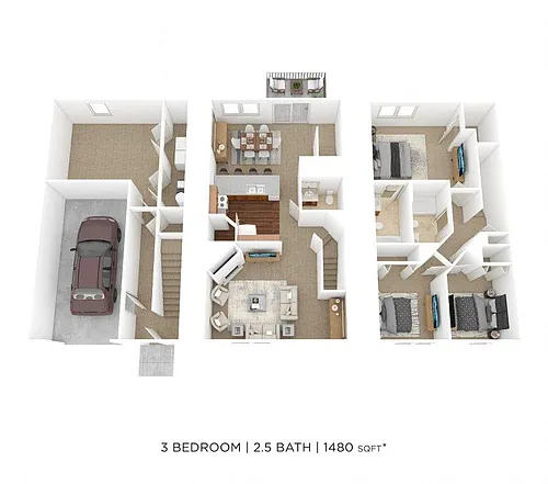 Floor plan Three Bedroom 2.5 Bath Townhome- 1480 sqft