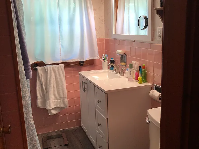 bathroom with vanity and shower in tub, with grab bars
