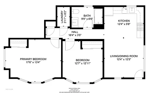 Floor plan 2 Bed 1 Bath with In-Unit W/D