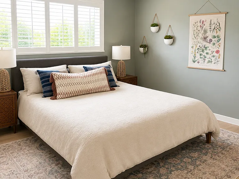Primary bedroom with two sliding door closets and one additional coat closet