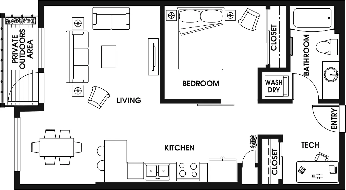 Floor plan 1 Bed/1 Bath Open Den-A1