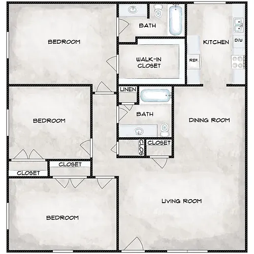 Floor plan Three Bedroom - Two Bath