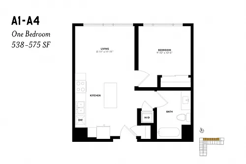 Floor plan One Bedroom A1, A2, A3 A4