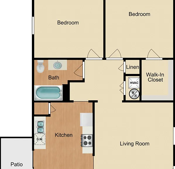 2 Bed 1 Bath Floorplan Diagram