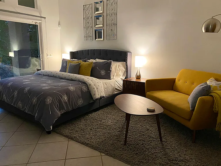 Yellow Bedroom: California King size bed, tall ceiling, walk-in closet, electric fireplace, back yard access, expansive desert and mountain views