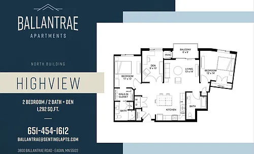 Floor plan Highview - 2 BR + Den New Construction