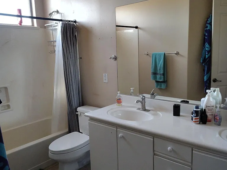 Shared with Blue and Red rooms. Full double sink bathroom with tub/shower combo, and large mirror plus convenient storage.