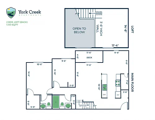Floor plan 2 Bed, 1.5 Bath Loft - 1,130 sq ft