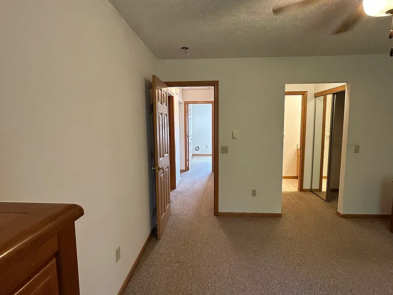 Main bedroom looking to hallway and half bathroom and closets