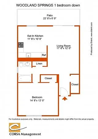 Floor plan 1Bed 1Bath With Patio