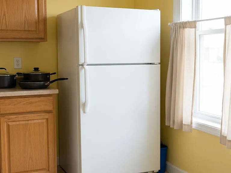 Kitchen corner with wood cabinetry, ample counter space, full-size refrigerator, and a window with curtains.
