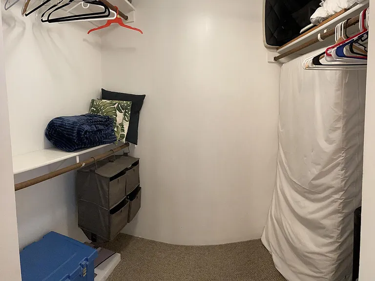 Large walk in closet with extra linens, sweepers, mop, etc for storage