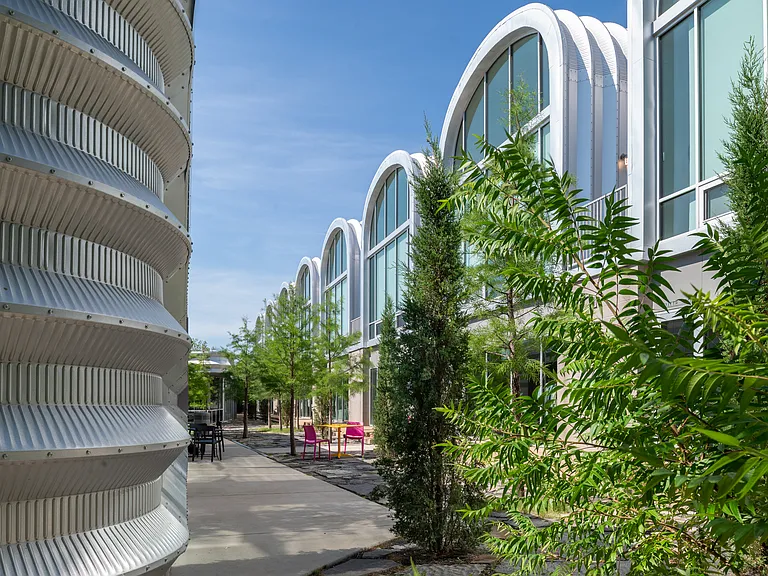 View of the shops in the complex and outdoor seating