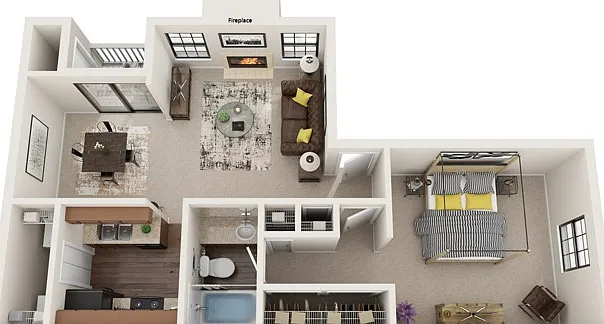 One Bedroom, 700 sqft, Patio/Balcony, Full-Size Washer/Dryer Connections, Fireplace in Selected Units One Bedroom, 700 sqft, Patio/Balcony, Full-Size Washer/Dryer Connections, Fireplace in Selected Units