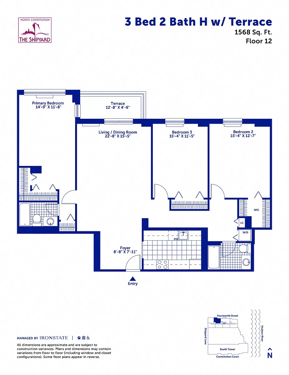 Floor plan 3 Bed 2 Bath H with Terrace