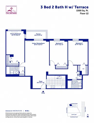 Floor plan 3 Bed 2 Bath H with Terrace