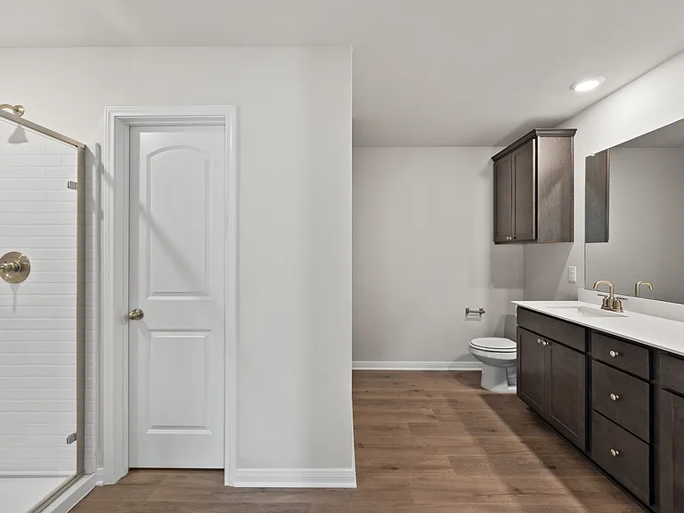 The master bathroom has a large glass, walk-in shower.