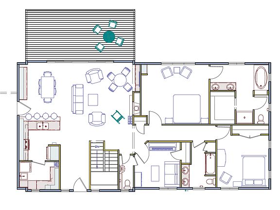 Main floor plan with sample furniture layout showing small bedroom as a music room/study