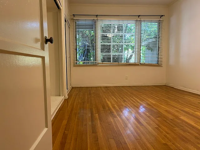 Bedroom continues with hardwood floors, wall of windows with view of the trees