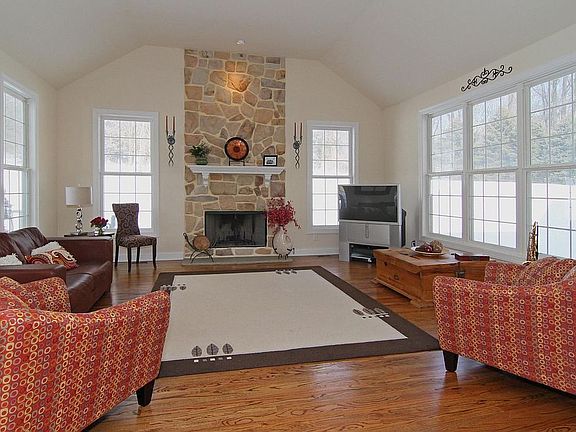 Light filled family room with stone wood burning fireplace