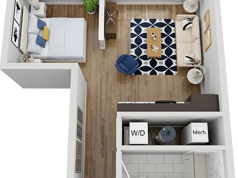 Explore this chic studio apartment, designed for modern urban living. Explore this chic studio apartment, designed for modern urban living.