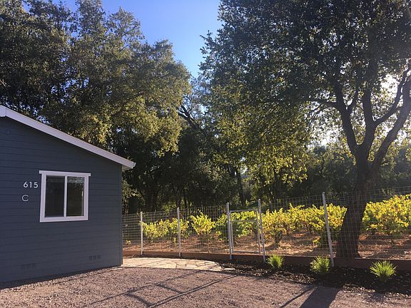 view from street showing driveway and vineyard