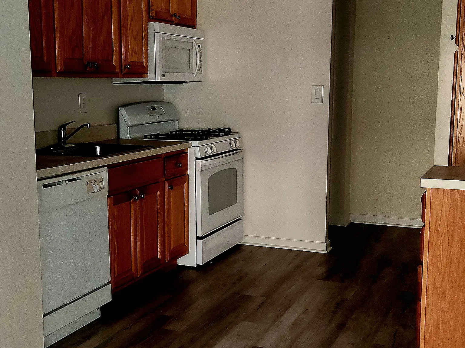 Kitchen with hardwood cabinets. Dishwasher and microwave included.