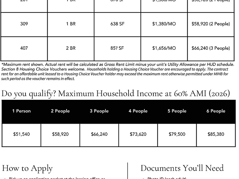 This unit is offered through the MIHB program and reserved for tenants earning 60% of AMI or less.