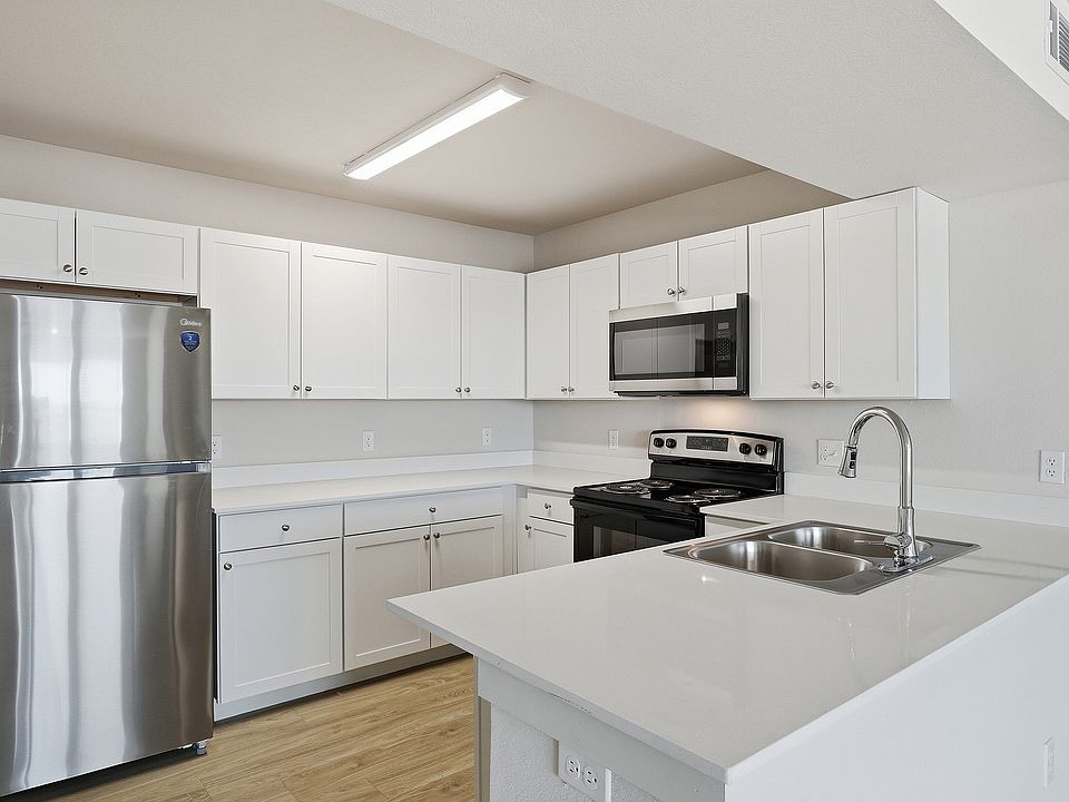 Modern kitchen with sleek white cabinetry, stainless steel appliances, and elegant countertops.
