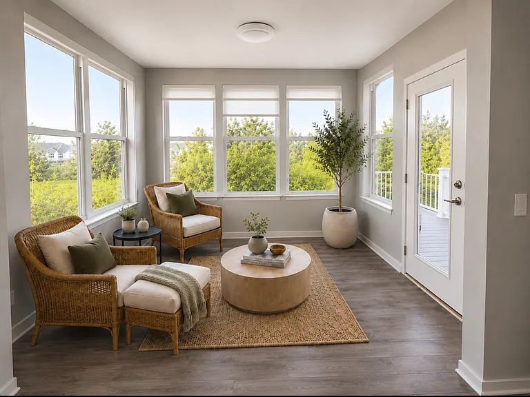 Sunroom extension from living room with beautiful views and access to the deck