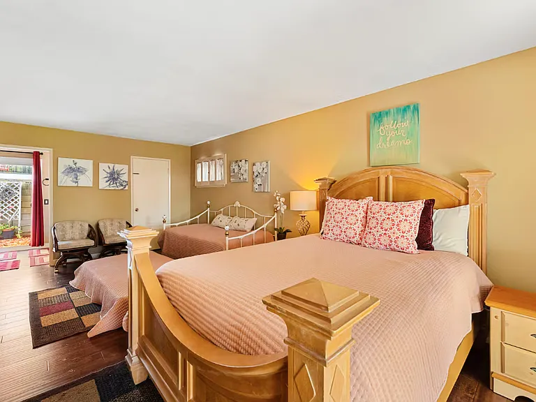 This is the owner's huge suite. The white closed door is the walk in closet. The open door is the bathroom with sliding door that opens to the side garden.