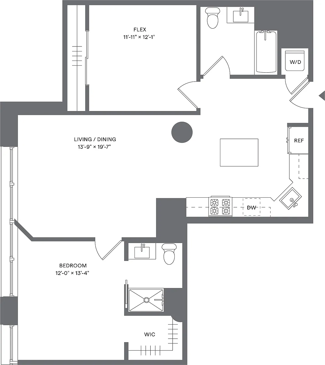 Floor plan 1 Bed+1Flex/2 Bath_A2D