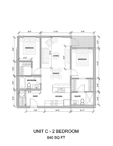 Floor plan 2 Bedroom 2 Bed 2 Bath 3