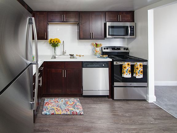 Stainless steel appliances with espresso cabinetry