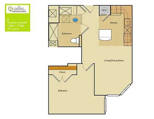 Floor plan 1 Bed/1 Bath (ADA7)
