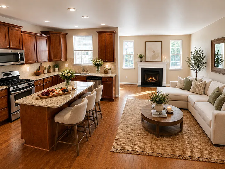 If homes have a heartbeat, this is it.
The kitchen flows effortlessly into the family room, anchored by the warmth of the fireplace. It's an open, inviting space where everyone will gather. (Photos are virtually staged)