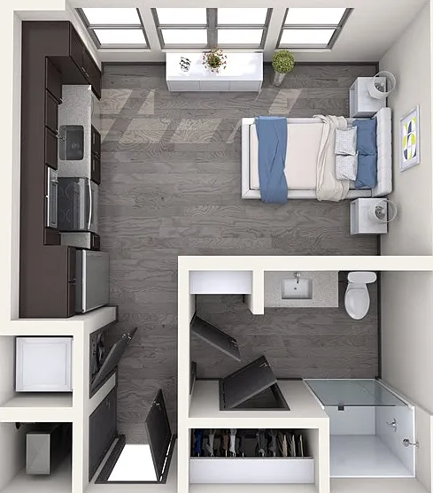 Experience efficient and stylish urban living with this well-designed studio apartment layout. Experience efficient and stylish urban living with this well-designed studio apartment layout.