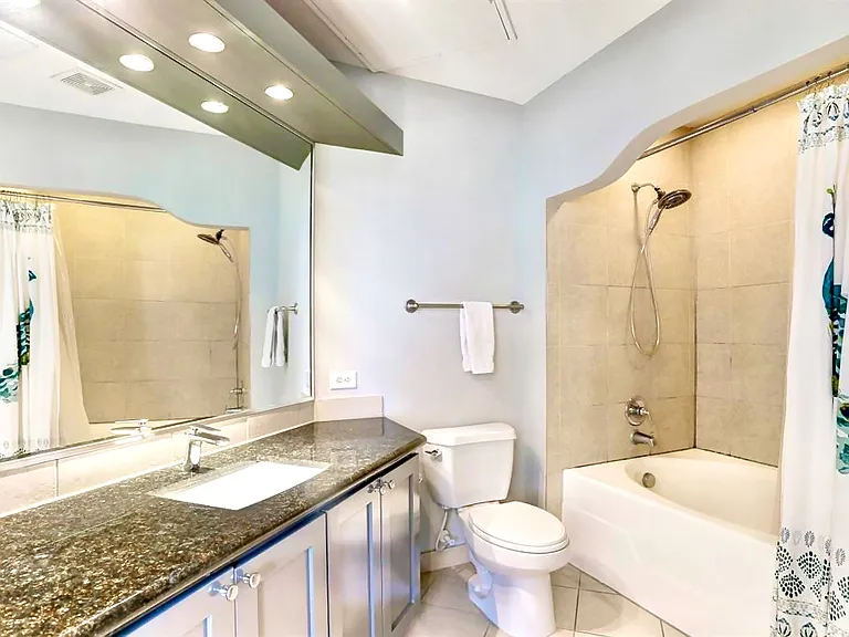 Master bathroom with granite countertop and large walk-in closet for all your accessories