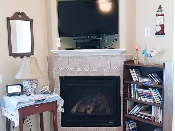 Fireplace, TV, and bookcase included in furnishings.