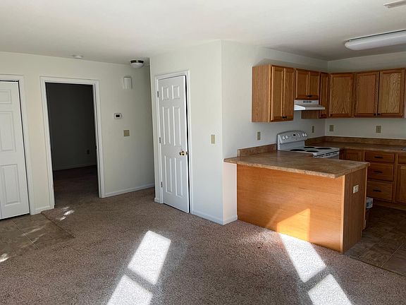 Open living room/kitchen area -- extended counter/bar for eating