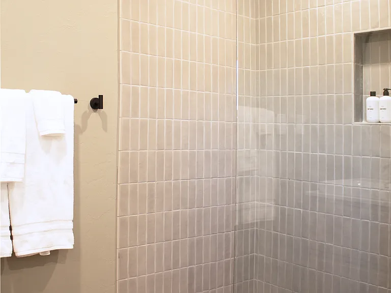 Walk-in shower with modern tile and glass enclosure in the primary bathroom.