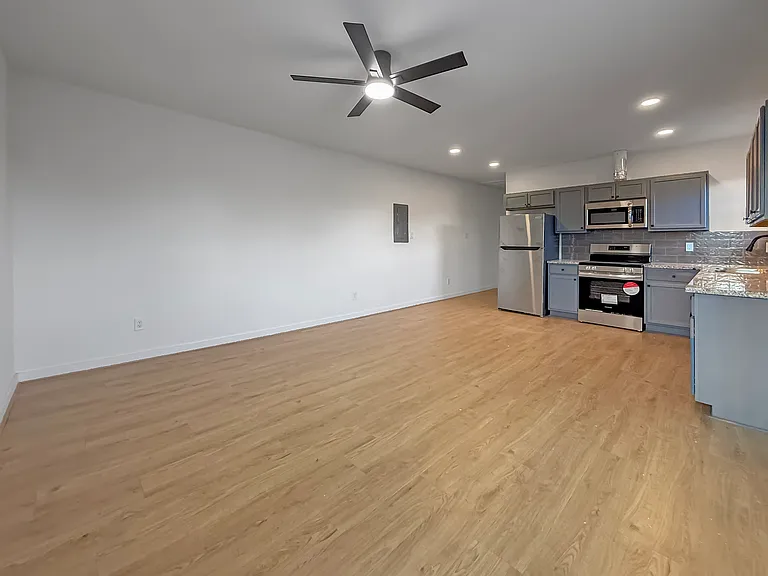 This photo showcases a modern, open-concept kitchen and living area with wood-style flooring, sleek gray cabinetry, and stainless steel appliances. The space is well-lit with recessed lighting and a ceiling fan, creating a bright and inviting ambiance.