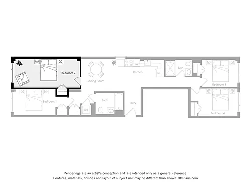 Floor plan Furnished Room in a 4 Bedroom 2 Bathroom (H2)
