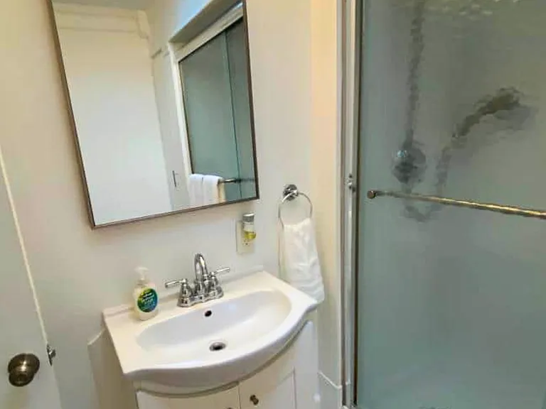 Bathroom essentials, fresh towels, towel racks & liquid soap for your comfort.