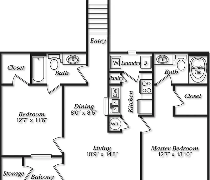 Modern floor plan featuring 2 spacious bedrooms, 2 baths with garden tub, a cozy dining area, open living space, and a welcoming balcony. Modern floor plan featuring 2 spacious bedrooms, 2 baths with garden tub, a cozy dining area, open living space, and 