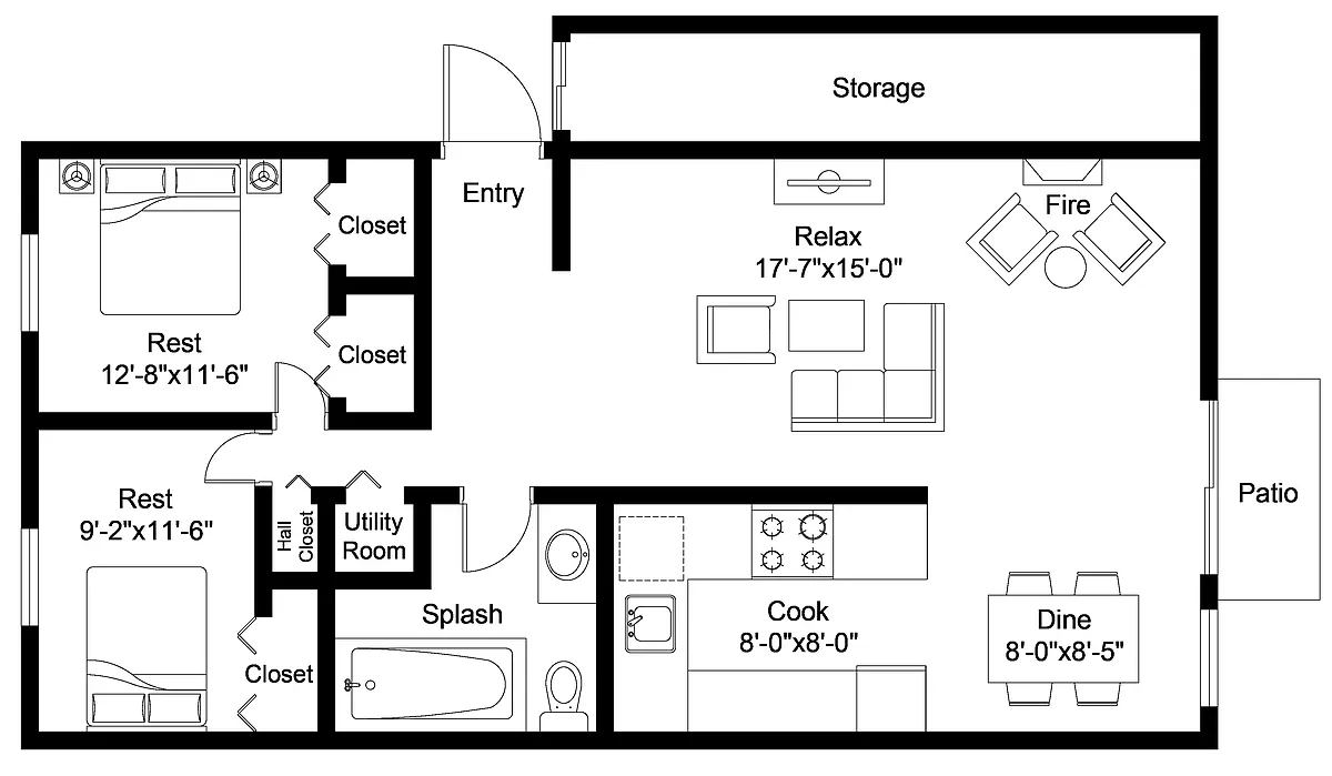 Floor plan 2 Bed, 1 Bath B Upgraded