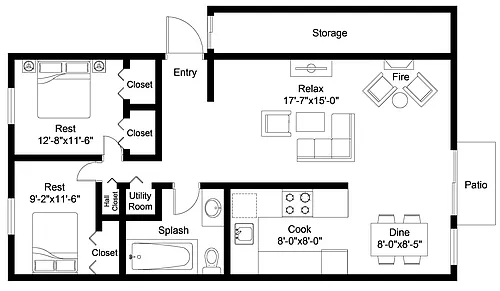 Floor plan 2 Bed, 1 Bath B Upgraded